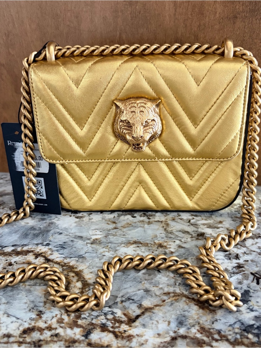GUCCI Animalier Broadway Chain Shoulder Bag Chevron Leather Tiger Head